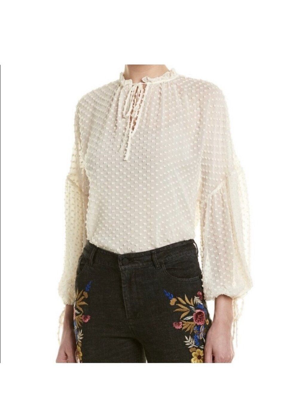 alice olivia Boho Silk Cream Ivory Long Sleeve V Neck Sheer Blouse Top Small